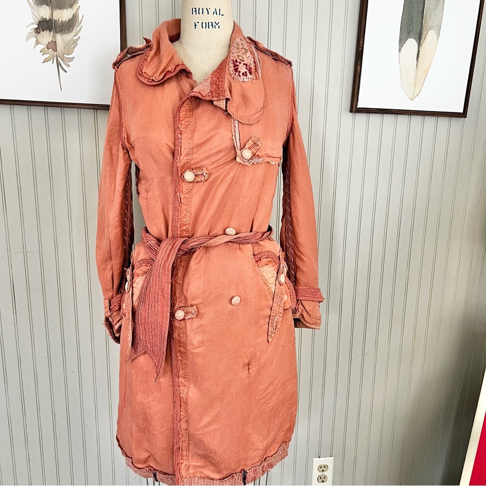 Shangana Hanmade Linen Patchwork Exposed Stitch Mid Length Duster Trench Coat - Picture 4 of 15